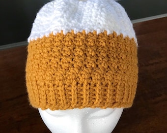 Adult - Mustard and White Crochet hat- Your choice of Pom Pom - ready to ship