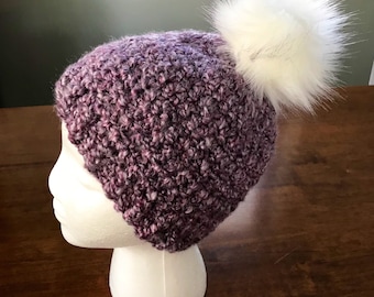 Newborn size- Soft and Warm purple Homespun crochet hat- your choice of Pom Pom- ready to ship