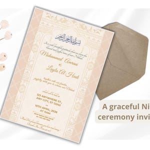 Elegante Nikkah-uitnodigingssjabloon • Islamitische trouwkaart • Digitale download • Islamitische trouwuitnodiging • Bewerkbare sjabloon, goud, vrolijk, feest