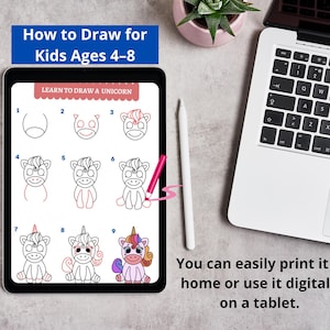 May include: A tablet displays a "How to Draw a Unicorn" tutorial for kids aged 4-8. The screen shows step-by-step instructions with a stylus and a pink pen. The text says, "You can easily print it at home or use it digitally on a tablet."