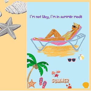 Conjunto de 4 cartões engraçados de verão, cartões postais para impressão com citações engraçadas, cartões de felicitações digitais para download para amigos ou filhos, sol, mar, escola