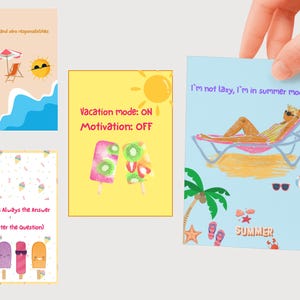 Set di 4 divertenti biglietti estivi, cartoline stampabili con citazioni umoristiche, biglietti di auguri digitali scaricabili per amici o bambini, sole, mare, scuola