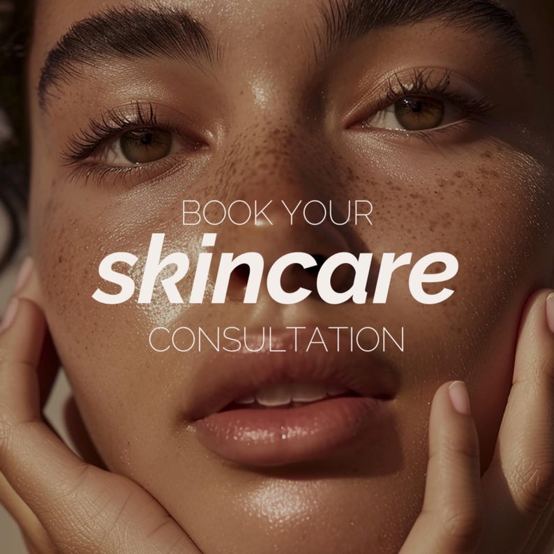 May include: Close-up of a person's face with visible skin texture and freckles. The image features the text "BOOK YOUR skincare CONSULTATION" in white, promoting skincare services. The skin appears hydrated and glowing.