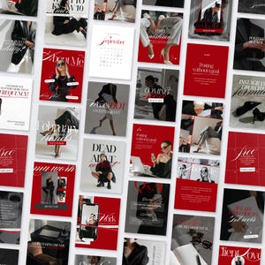 May include: A collection of red and white Instagram post templates with various text overlays. The templates feature images of fashion and lifestyle themes, including text like "About Me", "September", and "30 Easy Video Ideas for Reels".