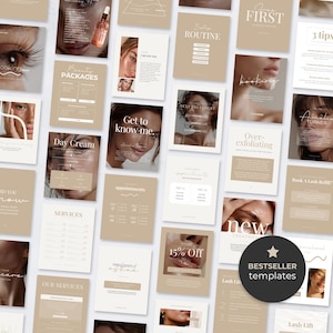 May include: A collection of beige and white digital social media templates for beauty services, featuring various layouts with text headings like Beauty Packages, 5 Step Routine, Get to know me, and a circular badge labelled Bestseller templates.