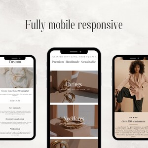 May include: A website design showcasing a jewelry collection on three mobile phone screens. The screens display earrings, necklaces, and a customer testimonial. The text reads "Fully mobile responsive."