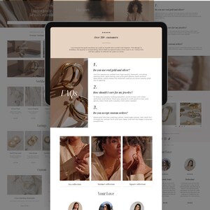 May include: A website layout showcasing jewelry, including earrings and necklaces. The page features FAQs, customer testimonials, and images of jewelry collections. The design is minimalist with a neutral color palette.