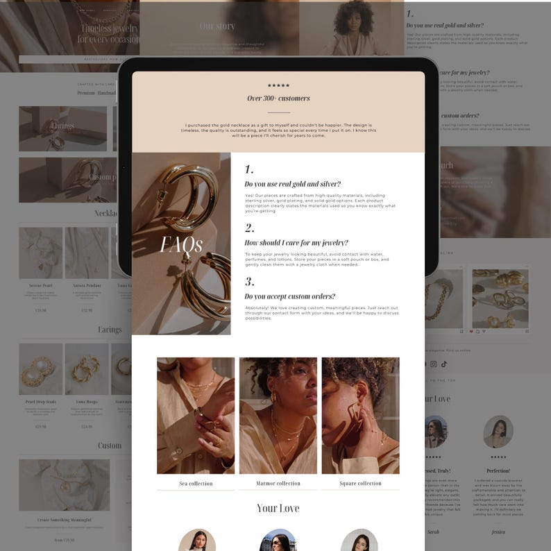 May include: A website layout showcasing jewelry, including earrings and necklaces. The page features FAQs, customer testimonials, and images of jewelry collections. The design is minimalist with a neutral color palette.