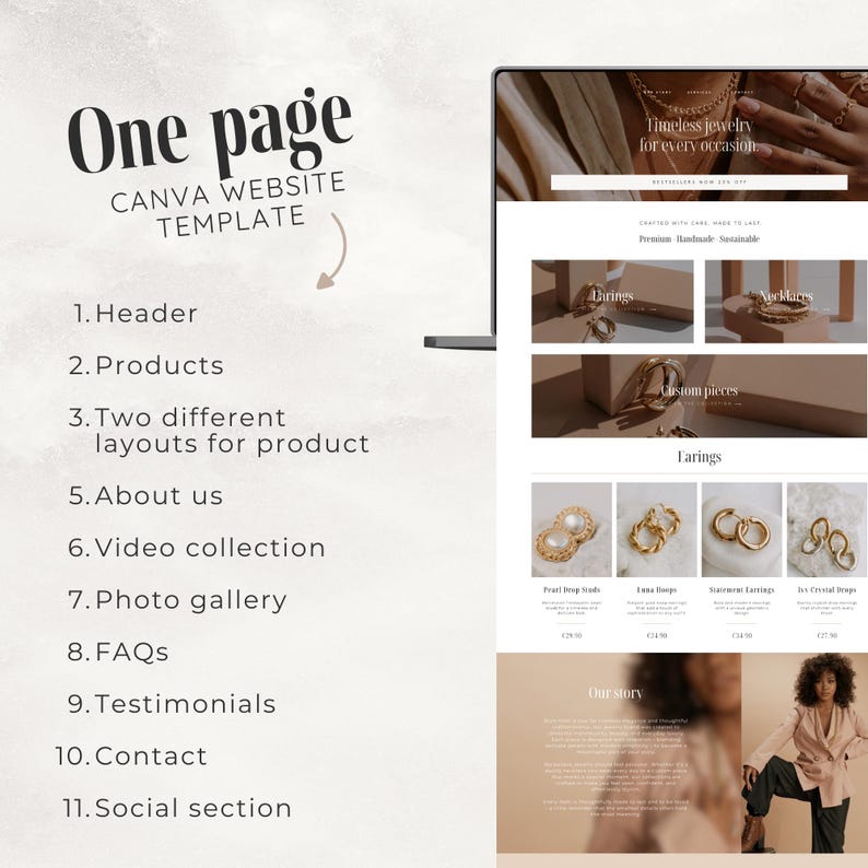 May include: A computer screen displays a website template with the text "One page CANVA WEBSITE TEMPLATE." The website showcases jewelry, with sections for earrings, necklaces, and custom pieces. The design is minimalist with a neutral color palette.