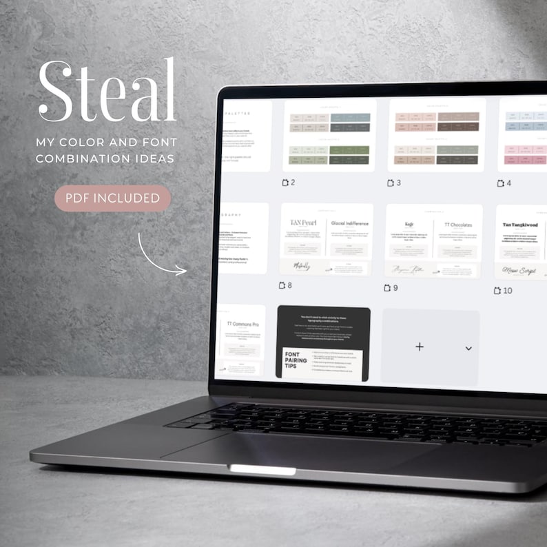 May include: A laptop displays design ideas. The screen shows various color and font combinations. The text "Steal, My Color and Font Combination Ideas, PDF Included" is visible. The laptop is on a gray surface.