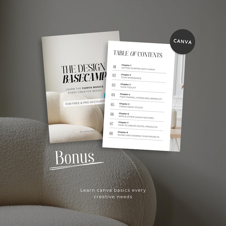 May include: Two white books with text, "THE DESIGN BASECAMP" and "TABLE OF CONTENTS" are displayed. The books are about Canva basics, with a bonus offer. The Canva logo is visible. The background is a neutral gray.