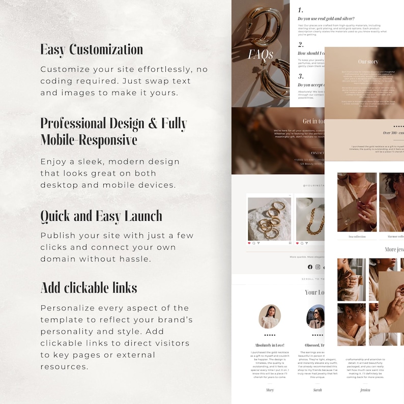 May include: A website design mockup featuring jewelry. The design includes sections for FAQs, customer testimonials, and product displays. Text highlights easy customization, professional design, and quick launch capabilities.