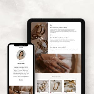 May include: A smartphone and tablet display a jewelry website with FAQs and customer testimonials. The website showcases gold jewelry, including earrings and necklaces. The phone displays a customer review about a bracelet.