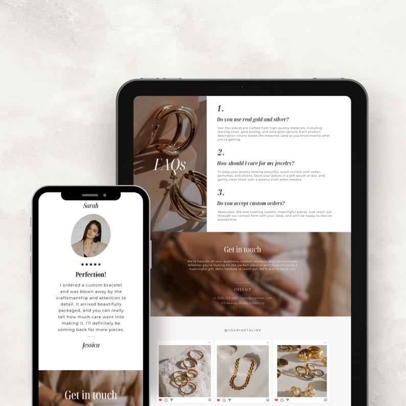 May include: A smartphone and tablet display a jewelry website with FAQs and customer testimonials. The website showcases gold jewelry, including earrings and necklaces. The phone displays a customer review about a bracelet.