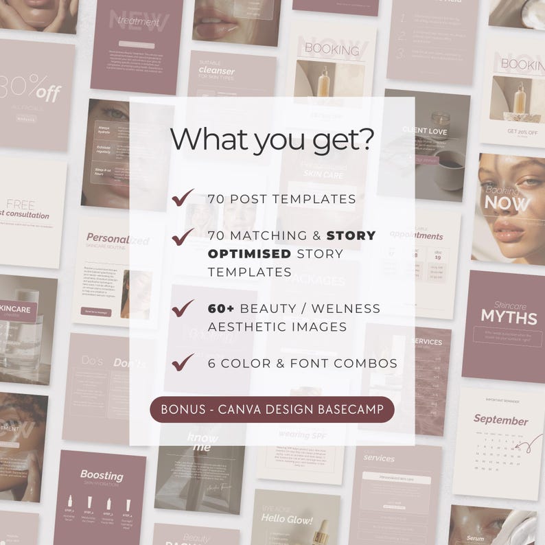May include: A promotional graphic with a soft, neutral color palette. The central text reads "What you get?" followed by lists of templates, images, and color combinations. Surrounding images showcase skincare and beauty themes.