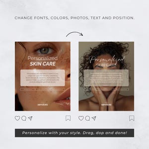 May include: A promotional image for personalized skincare services. The image features two side-by-side mockups of a skincare advertisement, each showcasing a woman's face with text overlayed. The text includes the phrase "Personalized Skin Care".