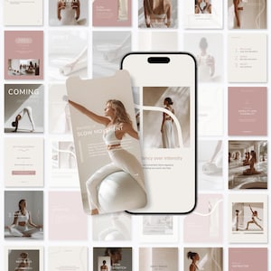 May include: A smartphone shows a presentation on slow movement and yoga. The presentation features a woman in white activewear on a yoga ball. Various yoga-themed cards in white and pink surround the phone.