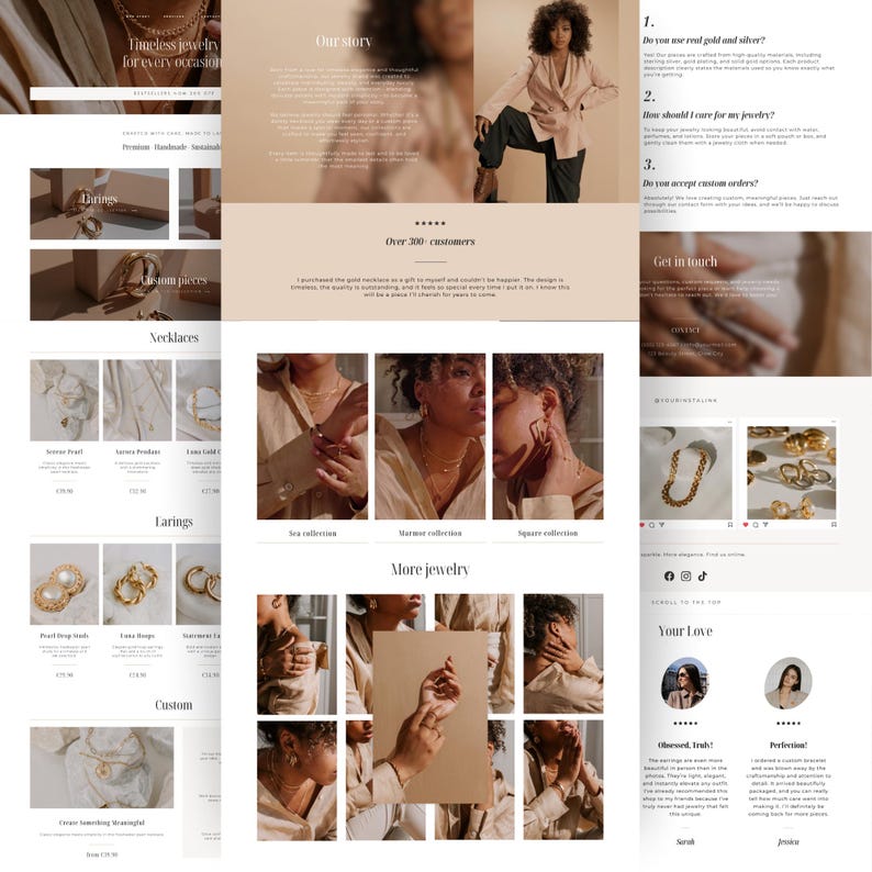 May include: A website layout showcasing jewelry, featuring necklaces and earrings. The design includes images of jewelry, models wearing jewelry, and text. The color scheme is neutral with beige and gold tones, creating an elegant aesthetic.