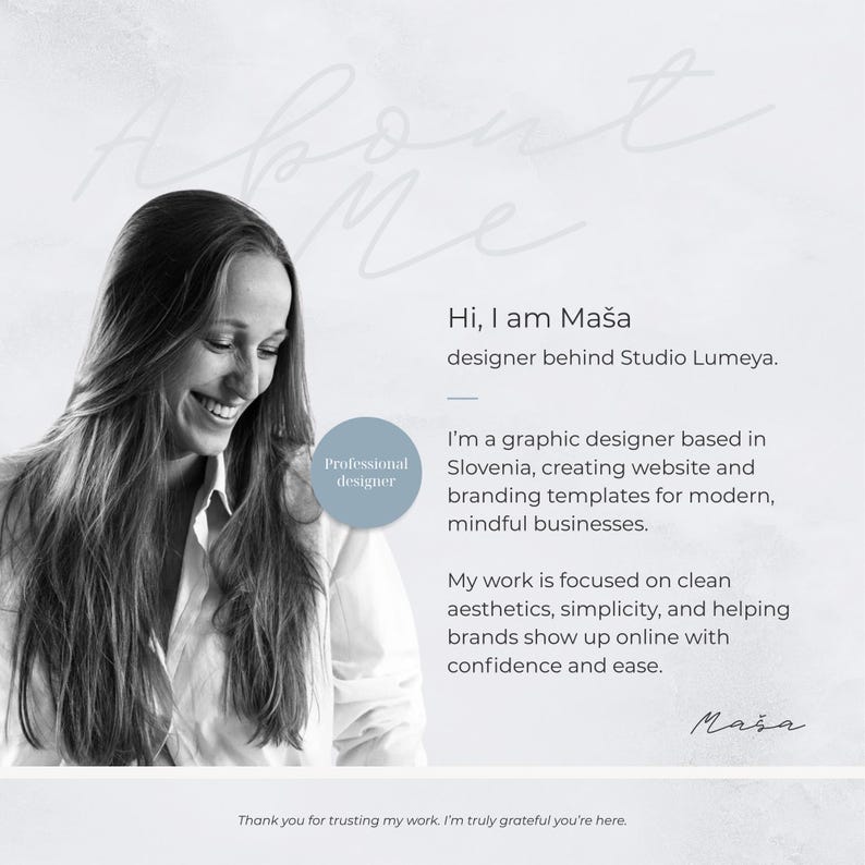 May include: A black and white photo of a smiling woman with long hair. Text includes "About Me", "Hi, I am Ma&scaron;a", and "designer behind Studio Lumeya." Additional text describes her as a graphic designer creating website and branding templates.