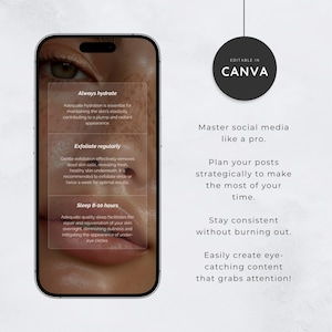 May include: A smartphone screen displays skincare tips: "Always hydrate," "Exfoliate regularly," and "Sleep 8-10 hours." The image also includes the text "Master social media like a pro" and "EDITABLE IN CANVA."