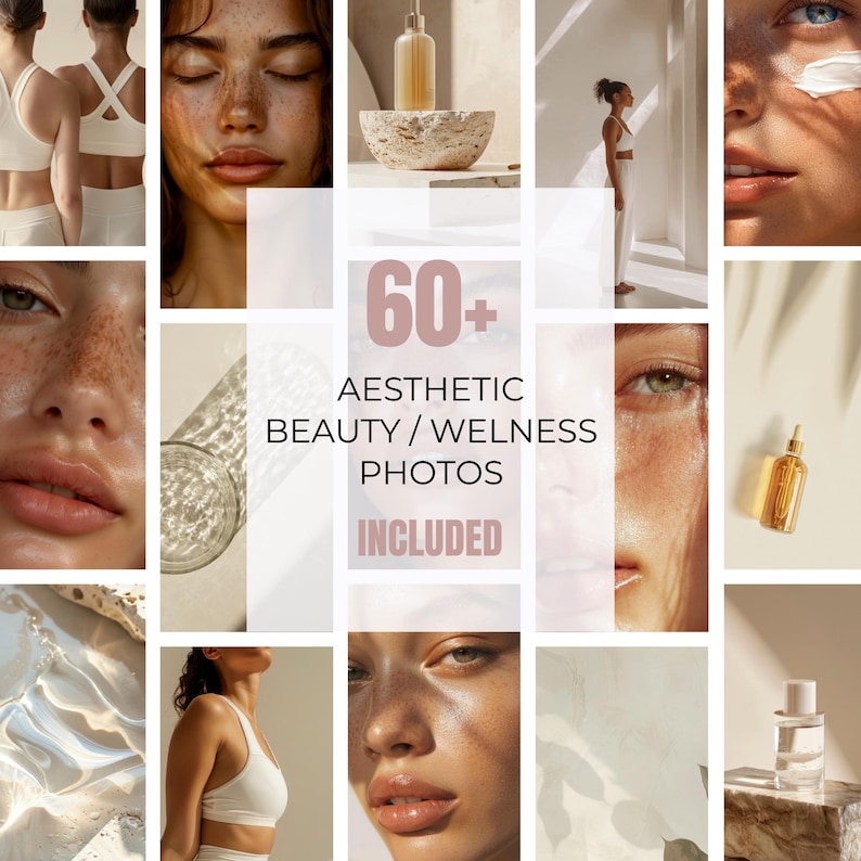 May include: A collage of aesthetic beauty and wellness photos. The images include close-ups of faces, beauty products, and women in white athletic wear. Text in the center reads "60+ Aesthetic Beauty / Wellness Photos Included."