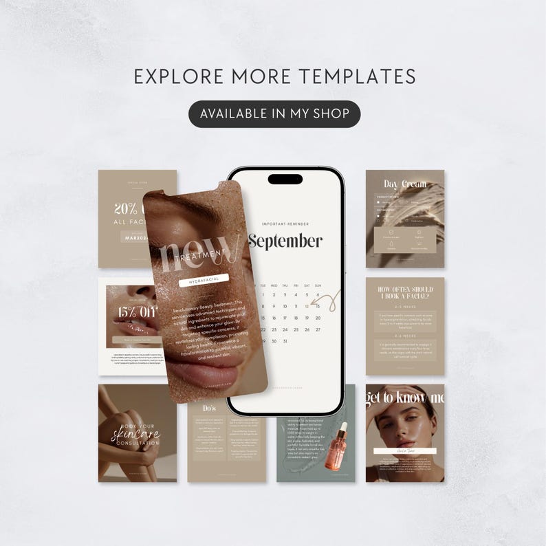 May include: A digital marketing image featuring a smartphone with a September calendar, surrounded by skincare product templates. The templates include text such as "20% off", "Day Cream", and "Get to know me". The image also includes the text "Explore More Templates" and "Available in my shop".