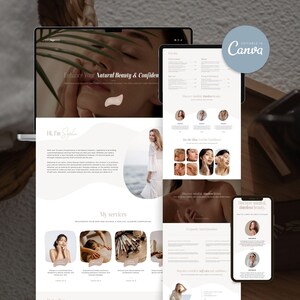 Könnte beinhalten: Ein digitales Marketing-Design mit einem Laptop, Tablet und Smartphone, die eine Website anzeigen. Die Website bewirbt Schönheitsdienstleistungen mit dem Text "Enhance Your Natural Beauty & Confiden" und "Editable in Canva."