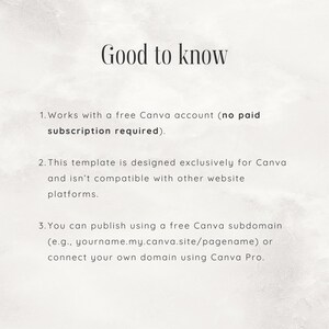 May include: A cream-colored graphic with the text "Good to know" at the top. Below, numbered points detail Canva account usage, template compatibility, and publishing options, including free subdomains and Canva Pro.
