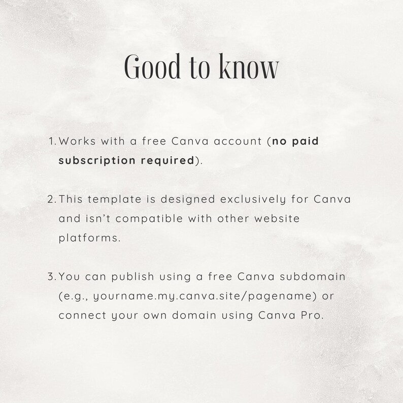 May include: A cream-colored graphic with the text "Good to know" at the top. Below, numbered points detail Canva account usage, template compatibility, and publishing options, including free subdomains and Canva Pro.