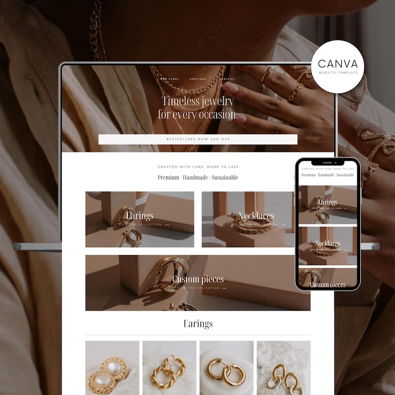 Canva Website Template Jewelry Shop Handmade Jewelry Brand Website Editable Online Store Landing Page Elegant Jewelry Business Template image 1