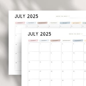 Druckbarer Juli 2025 Monatskalender PDF, Sonntag oder Montag Start - Bearbeitbarer 2025 Juli Planer, Sofortiger Download, A4 Letter Größe