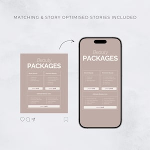 May include: A digital mockup of a smartphone and a square graphic, both displaying a beauty packages menu. The menu is in a light brown color with white text, listing various beauty services and prices. The text "Beauty Packages" is at the top.