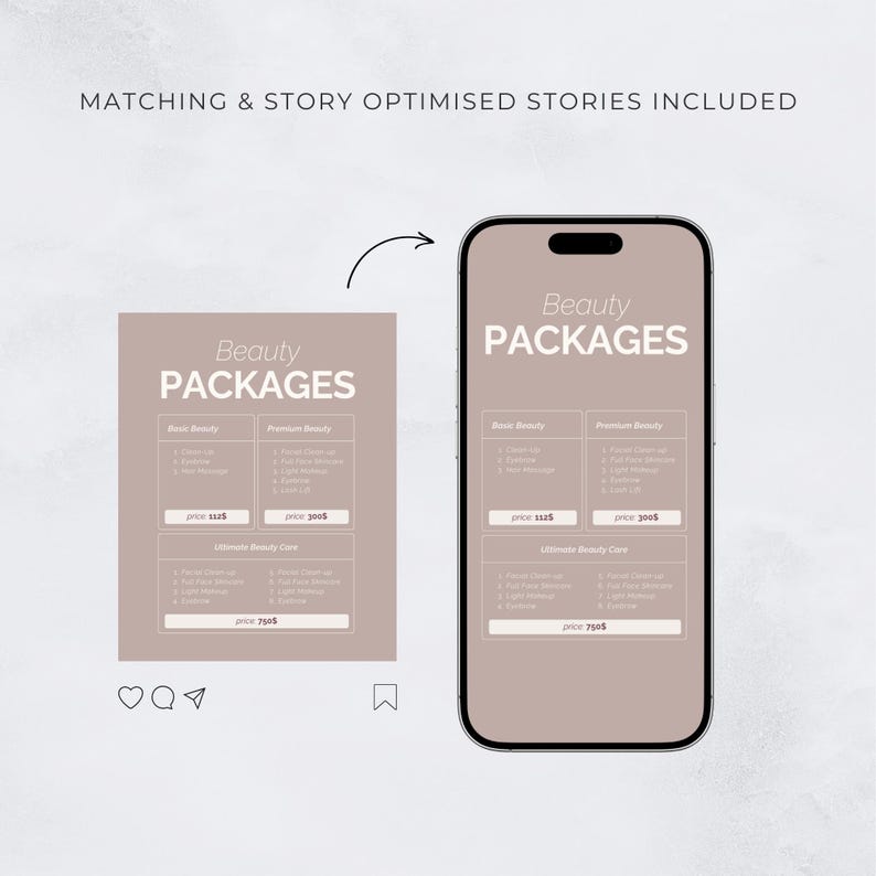 May include: A digital mockup of a smartphone and a square graphic, both displaying a beauty packages menu. The menu is in a light brown color with white text, listing various beauty services and prices. The text "Beauty Packages" is at the top.