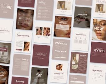 May include: A collection of marketing materials for skincare services. The images feature a palette of burgundy, beige, and white. Text includes "Personalized Skin Care," "Booking," and "Beauty Packages." There are also images of faces and skincare products.
