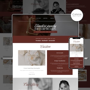 May include: A website template on a tablet and phone, showcasing jewelry. The website features the text "Timeless jewelry FOR EVERY OCCASION" and "Create Something Meaningful". The design includes gold jewelry and a dark red and white color scheme.