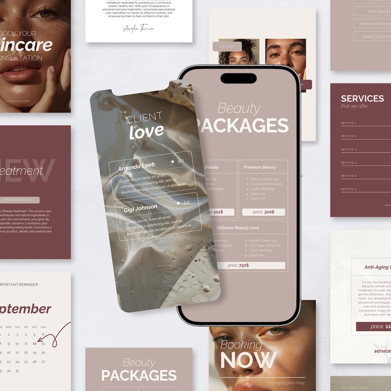 May include: A smartphone displays a beauty packages menu with prices, alongside other promotional materials. The screen shows "Beauty Packages" and a list of services. The color scheme is primarily beige and maroon, with images of faces.