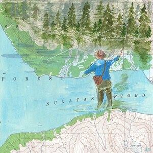 May include: A watercolor painting of a fisherman casting a line in a lake. The lake is surrounded by a forest and mountains. The painting is on a map with the words "FOREST" and "FIORD" written on it.