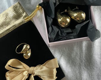 Set, one-size jewelry set, vintage set, large set, gold set, statement ring, statement earrings, water drop ring.