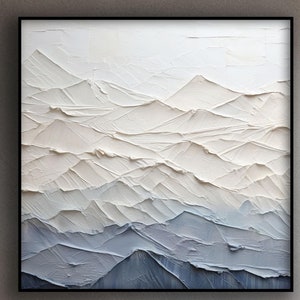 White, Blue Abstract Mountain Oil painting White 3D Texture Mountain Painting White Minimalist Plaster Painting on Canvas, Home Wall Art....