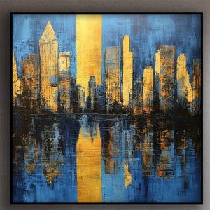 New York City, Manhattan 100% Handmade, Blue City, Sunset View Textured Painting, Acrylic Abstract Oil Painting, Wall Decor, Office Wall Art