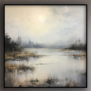 Fog Forest Landscape, Lake View, Handmade, Textured Painting, Acrylic Abstract Oil Painting, Wall Decor Living Room, Office Wall Art