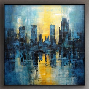 New York City, Manhattan 100% Handmade, Blue City, Sunset View Textured Painting, Acrylic Abstract Oil Painting, Wall Decor, Office Wall Art