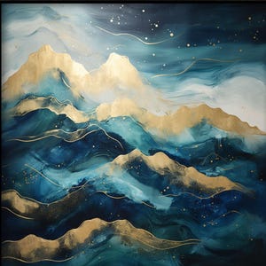 Golden Blue Mountains Landscape, Abstract Nature 100% Hand Painted Oil Painting Textured Wall Decor Living Room Office, Abstract Canvas Art