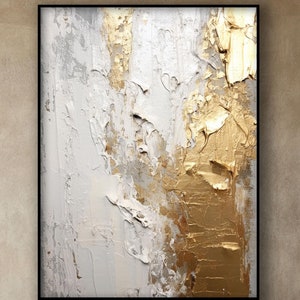 Large Gold Painting White Wall Art White Abstract Painting Neutral Wabi-Sabi Wall Art Gray Abstract Texture Canvas Painting Office Wall Deco