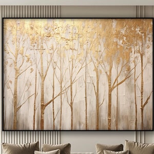 Large Golden Tree Landscape Oil Painting on Canvas Original Abstract Yellow Birch Gold Leaf Acrylic Painting Living Room Wall Art Home Decor