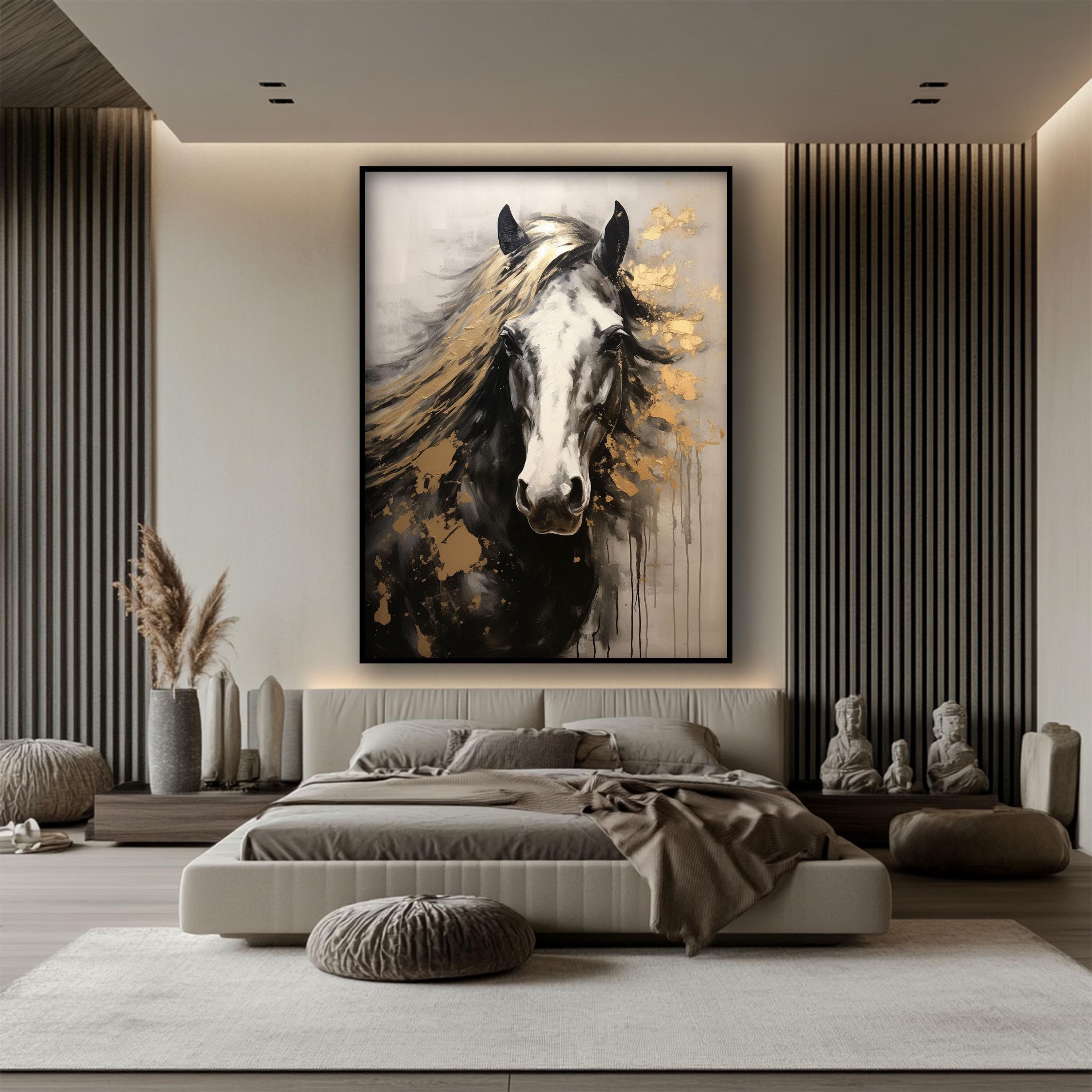Black Horse Painting: Gold Abstract Acrylic Oil Art - Etsy