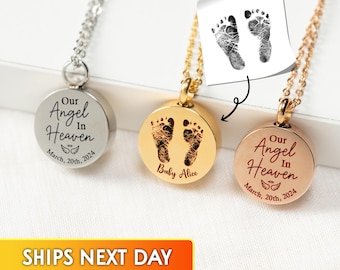 May include: Three round memorial necklaces with chains. One is silver with "Our Angel in Heaven" and the date March 20th, 2024. The second is gold with baby footprints and the name "Baby Alice". The third is rose gold with similar text.