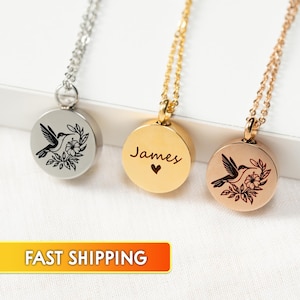 Engraved Hummingbird Cremation Necklace, Custom Memorial Ashes Holder For Sympathy Gift, Personalized Christmas Urn Jewelry For Her
