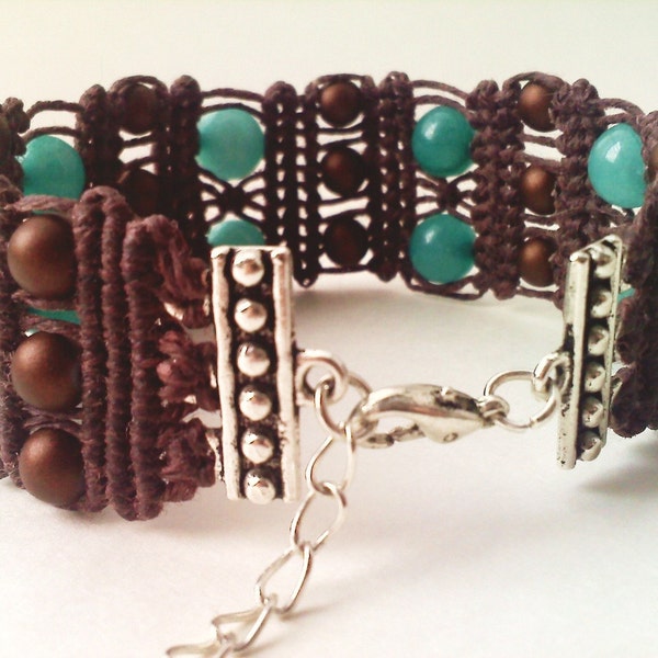 Amazonite and Frosted Brown Glass Waxed Linen Macramé Bracelet