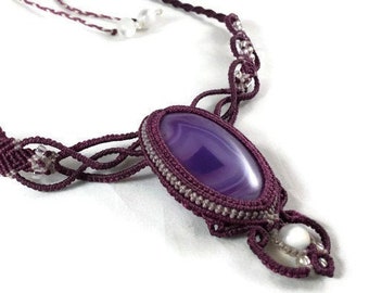 Purple Banded Agate Collar Micro Macrame Necklace